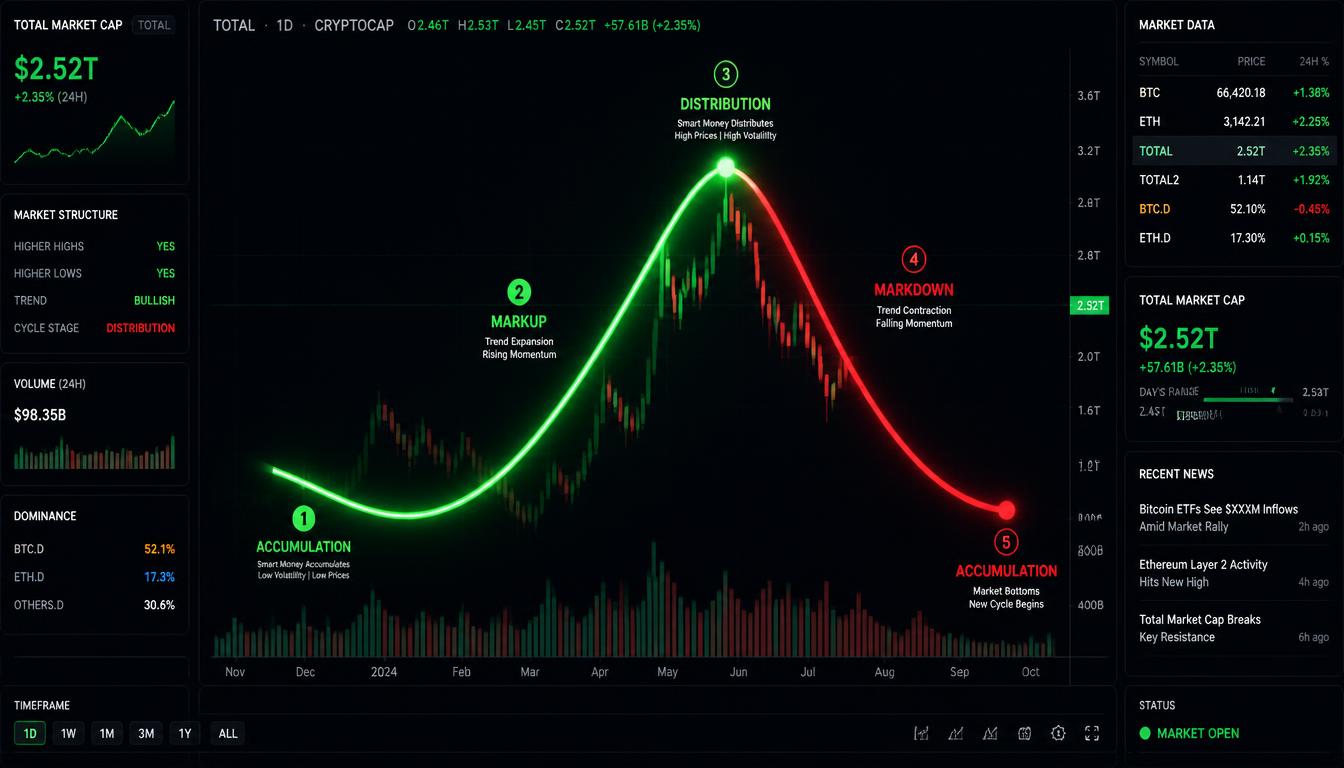 A glowing financial cycle curve on a dark trading screen illustrating market expansion, peak euphoria, and subsequent contraction.