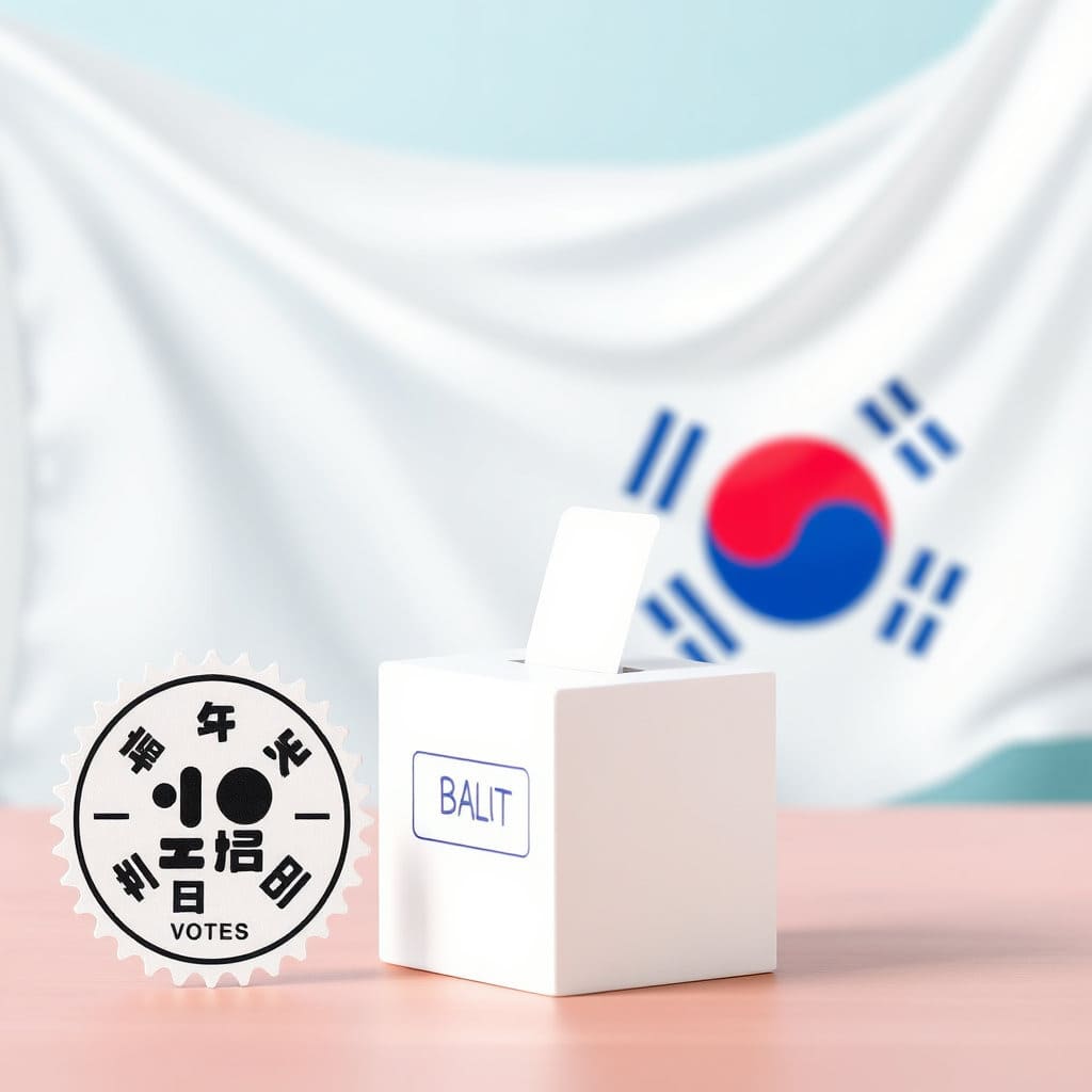 투표 도장, 기표소, 투표함, 태극기 등을 포함하여 우리나라 선거임을 명확히 보여주는 상징적인 이미지입니다. 깨끗하고 정돈된 느낌으로 디자인합니다.
