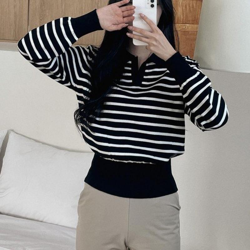 러브블러썸 데일리 스트라이프 카라넥 시보리 니트 3STJC1