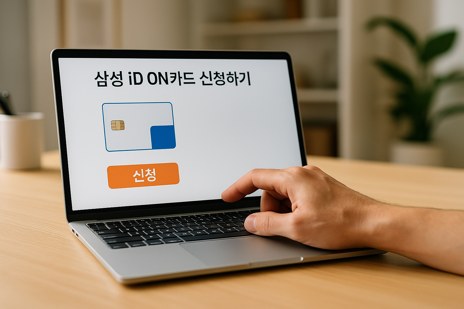 노트북 화면에 카드 신청 페이지(예: '삼성 iD ON카드 신청하기')가 열려 있음