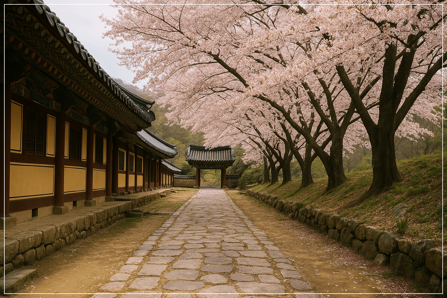 벚꽃이 만개한 선운사 경내와 전통 사찰 건물