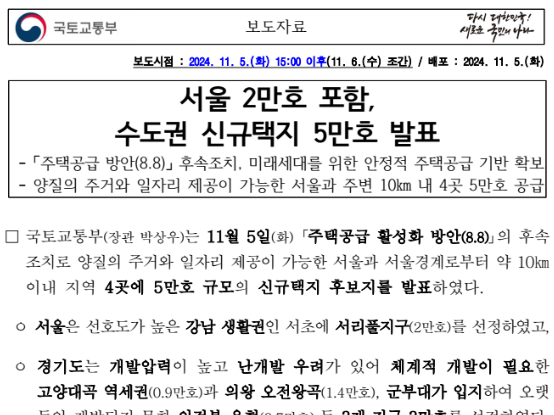 서울 수도권 5만호 신규택지 발표