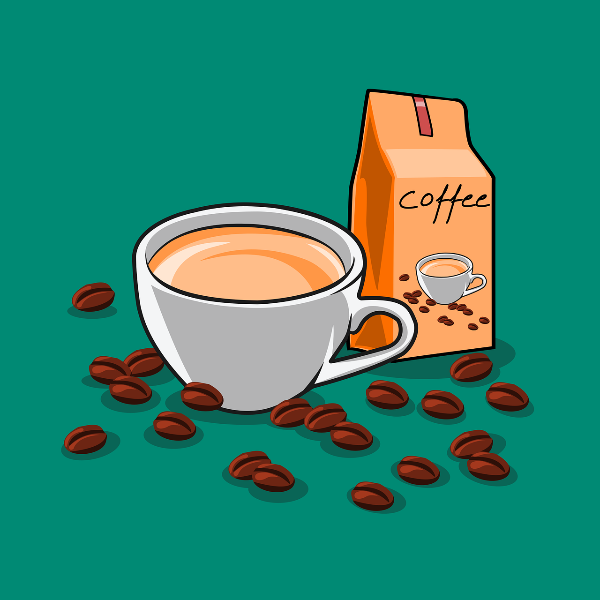 원두와 커피 음료 이미지화 된 사진