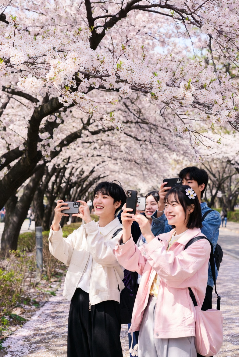 벚꽃 아래에서 카메라나 스마트폰을 들고 사진을 찍고 있는 커플 또는 친구들의 즐거운 모습입니다.
