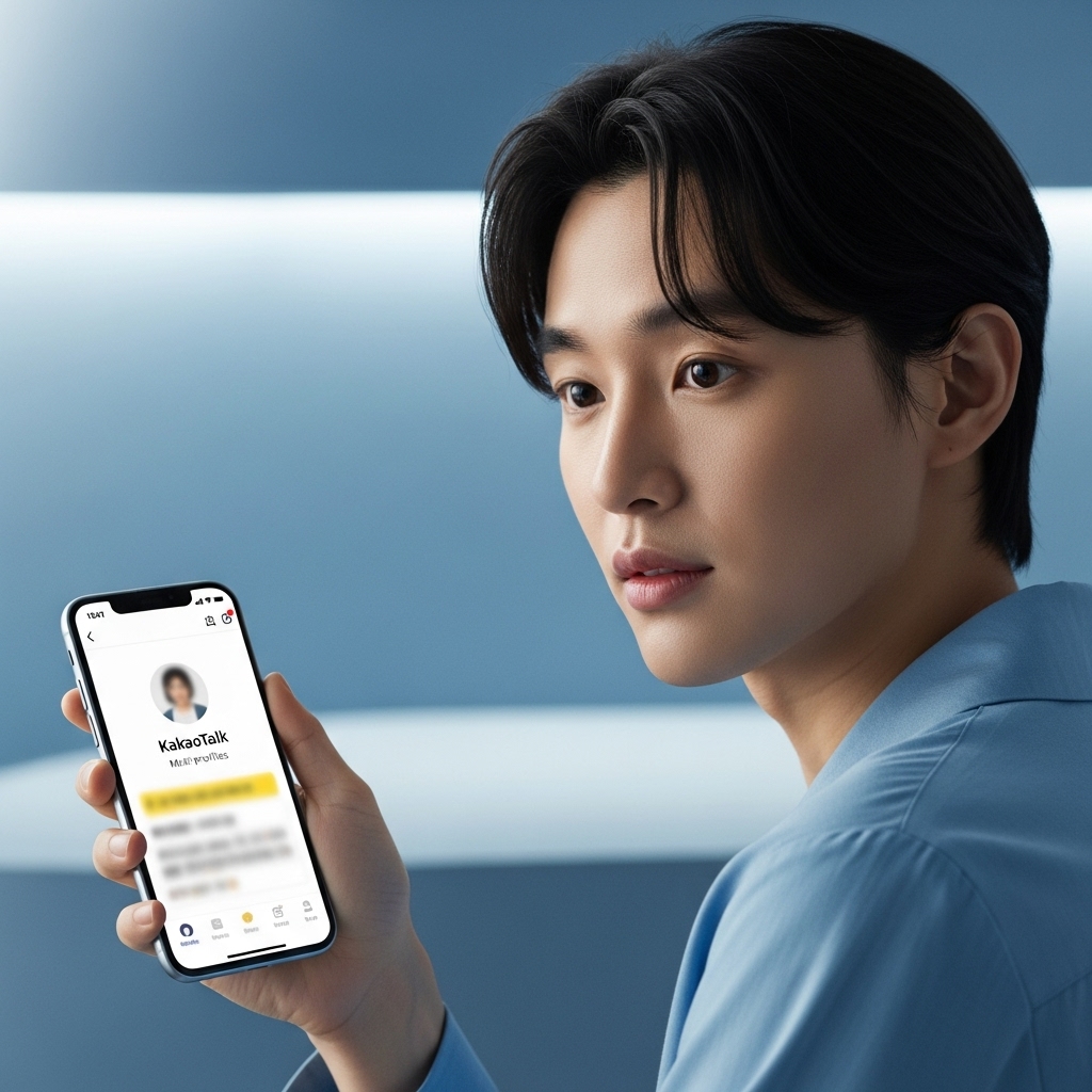 궁금한 표정으로 스마트폰 카카오톡 프로필을 확인하는 사람의 모습, 멀티프로필 여부를 추측하는 상황을 상징합니다.