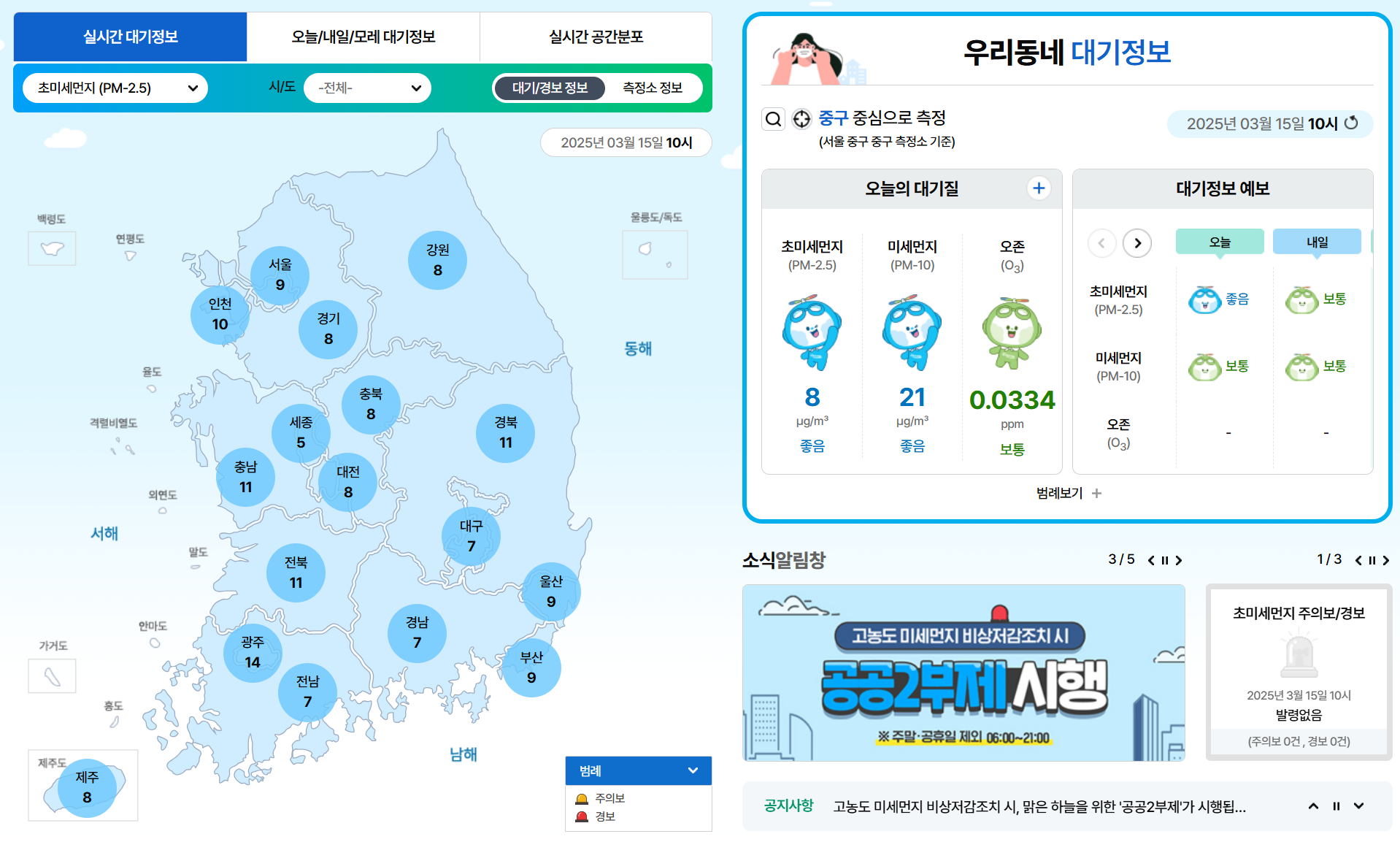 전국 실시간 미세먼지 지수 확인