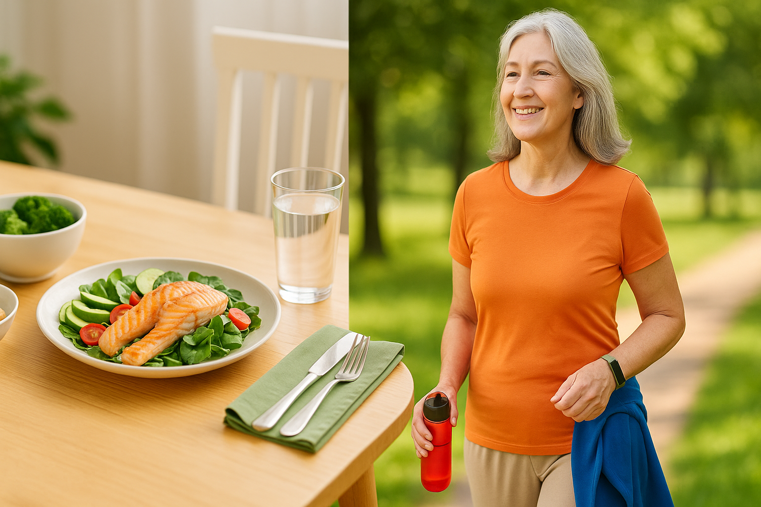 혈압 관리를 위해 걷기 운동과 저염식 식단을 실천하는 중장년의 건강한 생활 장면