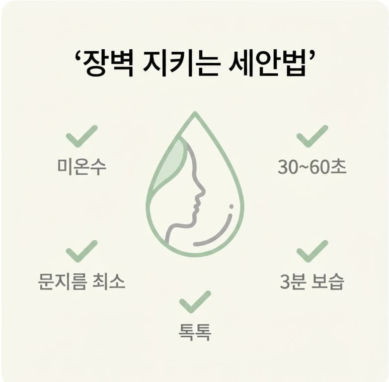 미온수·짧은 시간·문지름 최소화 등 피부 장벽을 지키는 세안법 5가지를 정리한 인포그래픽