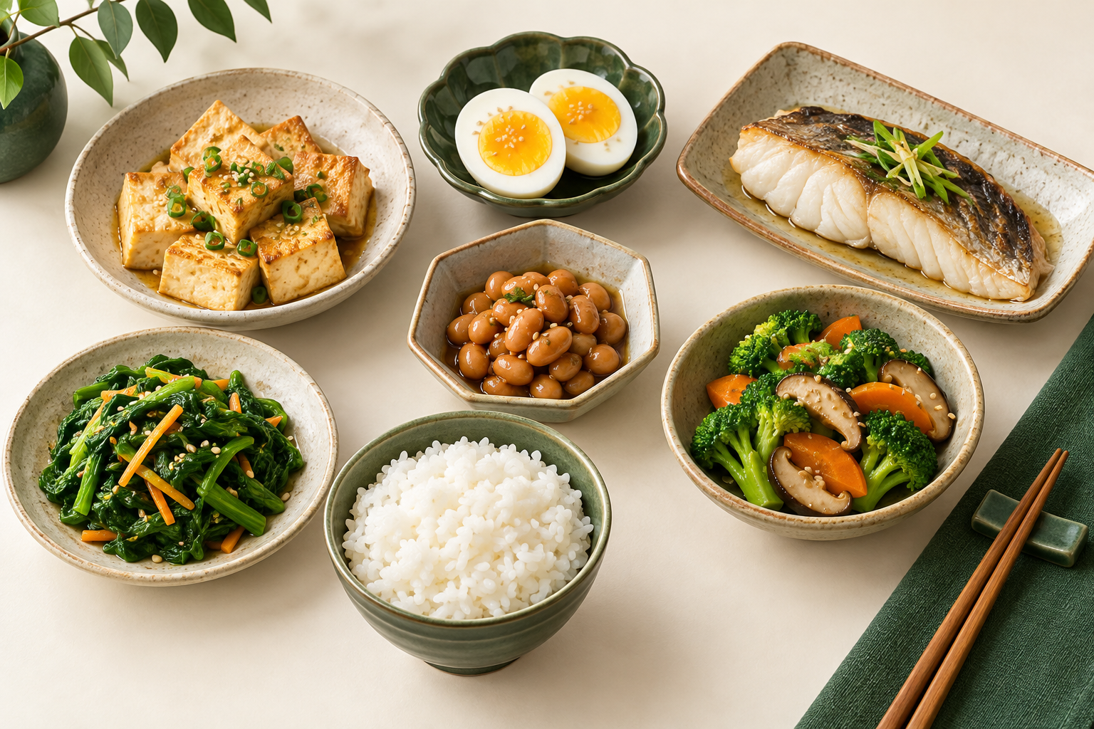 두부&middot;달걀&middot;생선&middot;콩과 밥&middot;채소를 담은 단백질 식품 선택 예시 이미지
