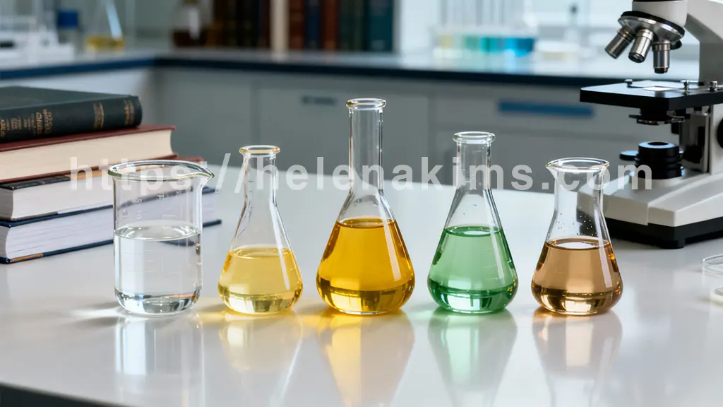 깨끗한 실험실 테이블 위에 다섯 개의 유리 용기가 놓여 있다. 각 용기에는 투명한 물부터 옅은 노란색, 진한 노란색, 옅은 초록색, 옅은 갈색까지 미묘하게 다른 색깔의 액체가 담겨 있다.