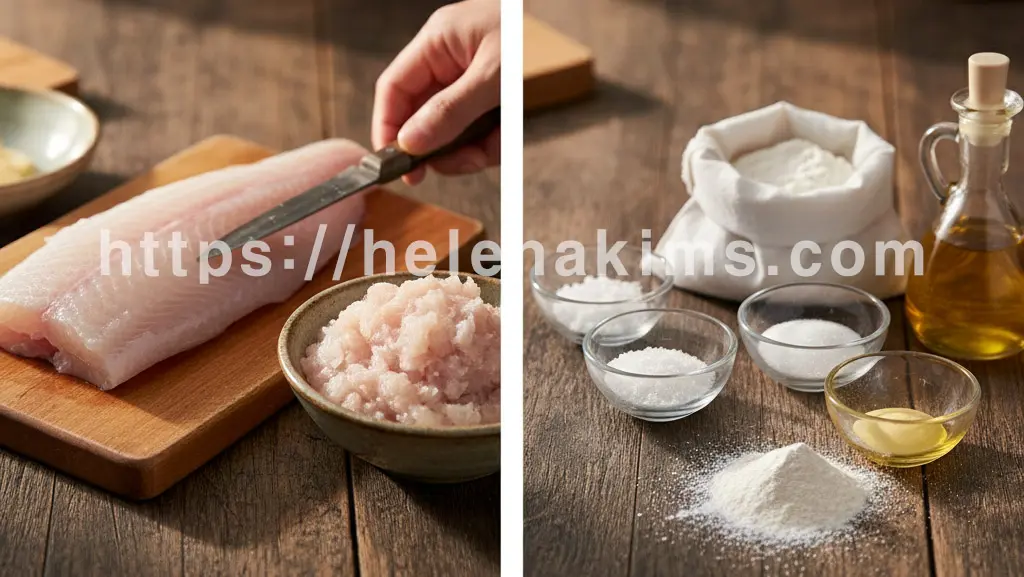 왼쪽에는 흰살 생선이 놓여 있고, 오른쪽에는 설탕, 기름, 밀가루 등이 놓여 있는 모습.