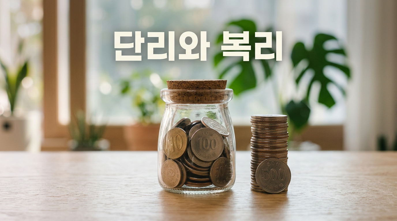 단리와 복리 차이를 상징하는 유리병과 동전 사진
