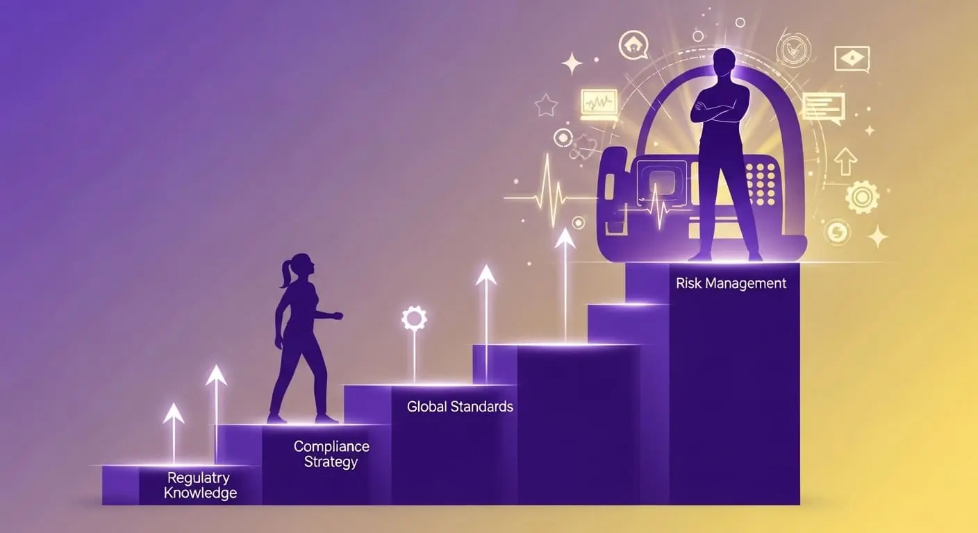 의료기기 규제과학(RA) 분야에서의 직업적 성장을 시각적으로 나타내는 이미지. 개인이 계단을 오르며 전문성을 쌓아가는 모습을 보여줍니다.