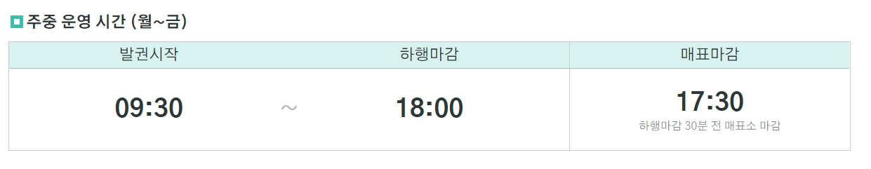 월요일부터 금요일까지 적용되는 평일 주중 운영 시간표