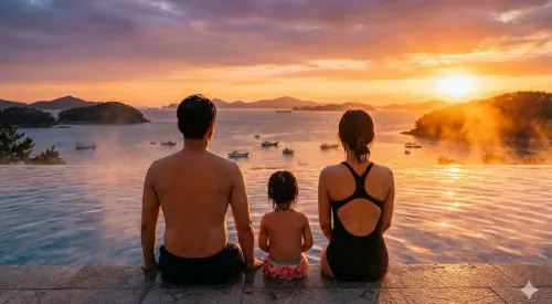 인천 영종도 호텔 온수풀에서 노을을 바라보는 가족 뒷모습