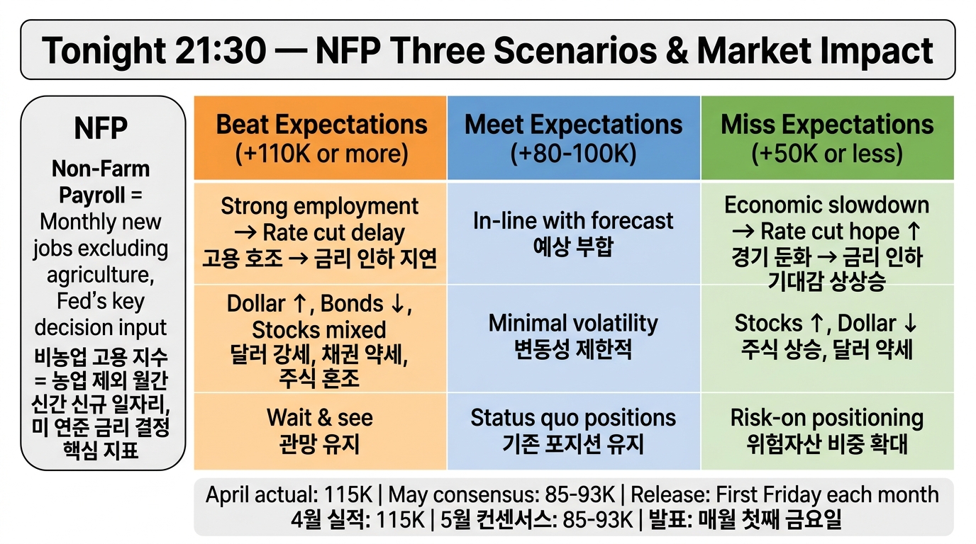 NFP 발표 시나리오 매트릭스 — 오늘 밤 21시 30분