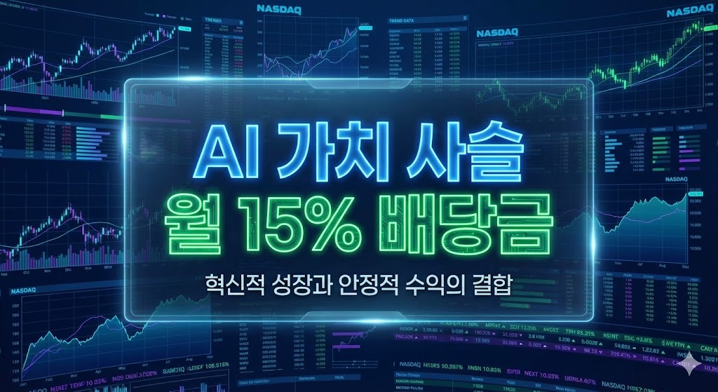 복잡한 나스닥 지수 차트 위에 'AI 밸류체인'과 '15% Monthly Dividend'라는 문구가 선명하게 떠 있는 세련된 인포그래픽