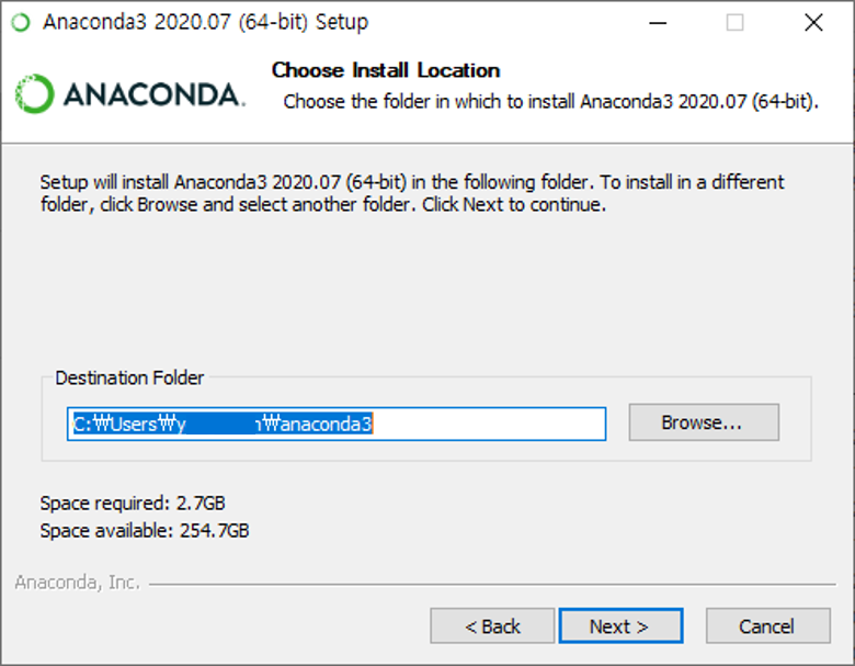 아나콘다 설치 경로 선택 화면