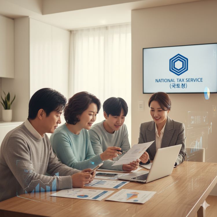 주방 테이블에 가족들이 모여 노트북과 스마트폰으로 계좌이체 내역과 차용증을 꼼꼼히 확인하며, AI 국세청 로고 배경에 각 거래의 기록·목적·증빙이 명확하게 시각화된 장면