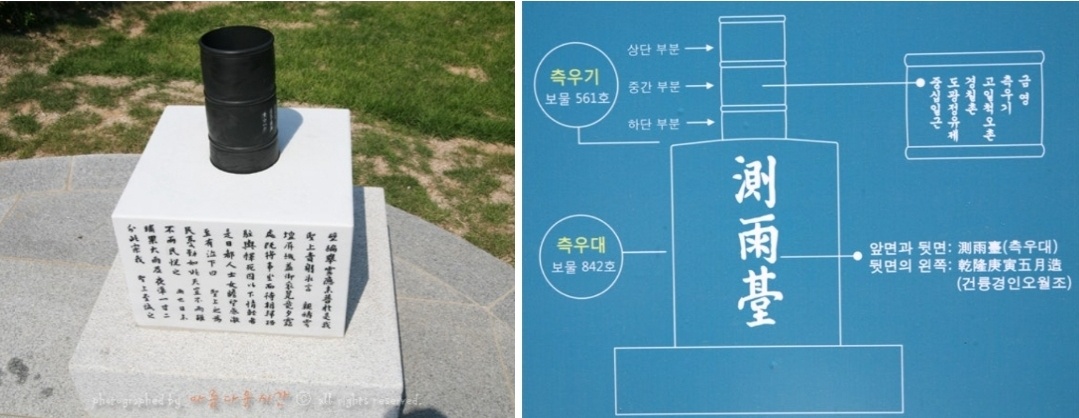 장영실이 농민들을 위해 내리는 비를 측정할수있게 만든 측우기 
문종이 고안하고 세종이 부탁하여 만들었다고는 하지만 
... 농사를 경험해본 장영실의 업적이 묻어있는 많은 발명품중 하나이다.