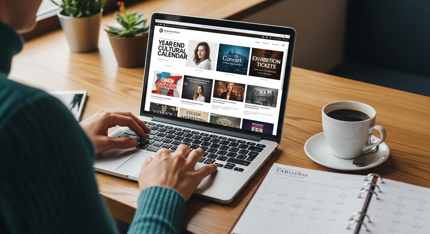 노트북으로 연말연시 문화 예술 행사 일정을 계획하고 티켓을 예매하는 사람의 모습, 스마트한 문화생활 준비.