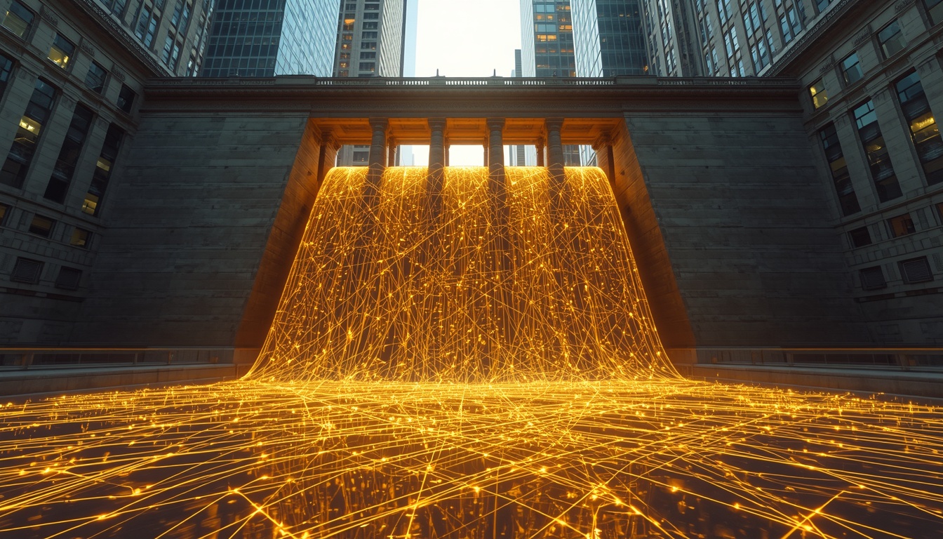 Conceptual digital art of a dam gate opening to release golden digital currency and blockchain streams into Wall Street.