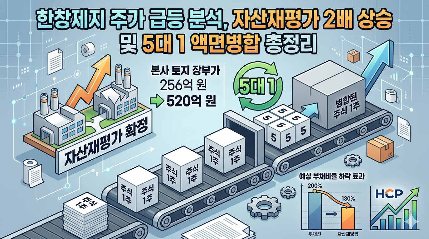 한창제지 주가 급등 분석, 자산재평가 장부가 2배 상승 및 5대 1 액면병합 총정리 이미지