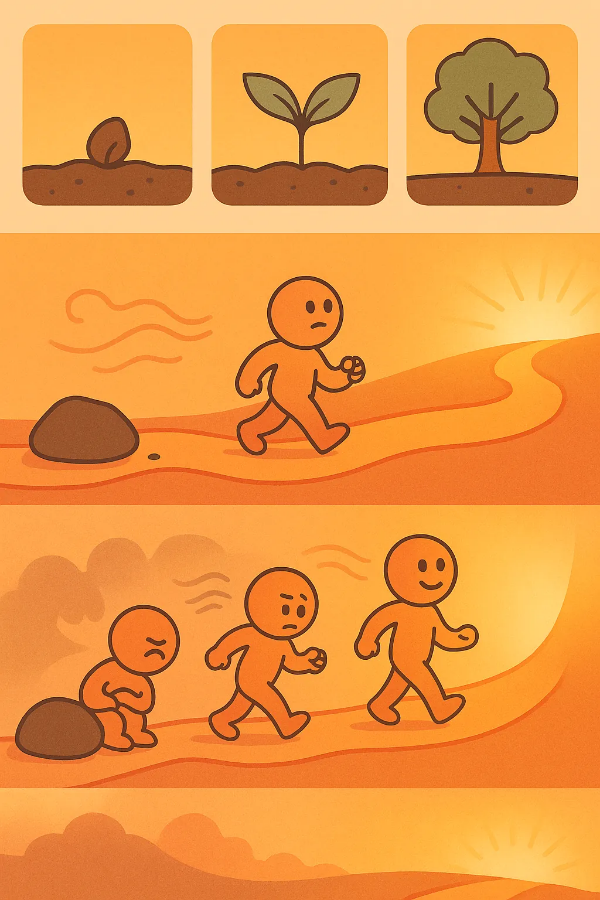 팀 버튼 스타일 캐릭터가 작은 방을 따뜻하게 꾸미는 장면, 자연과 생명의 상징 요소가 어우러짐