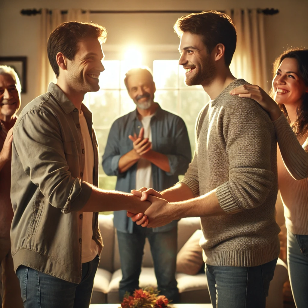 상속 문제 해결 후 화해하는 형제들의 모습