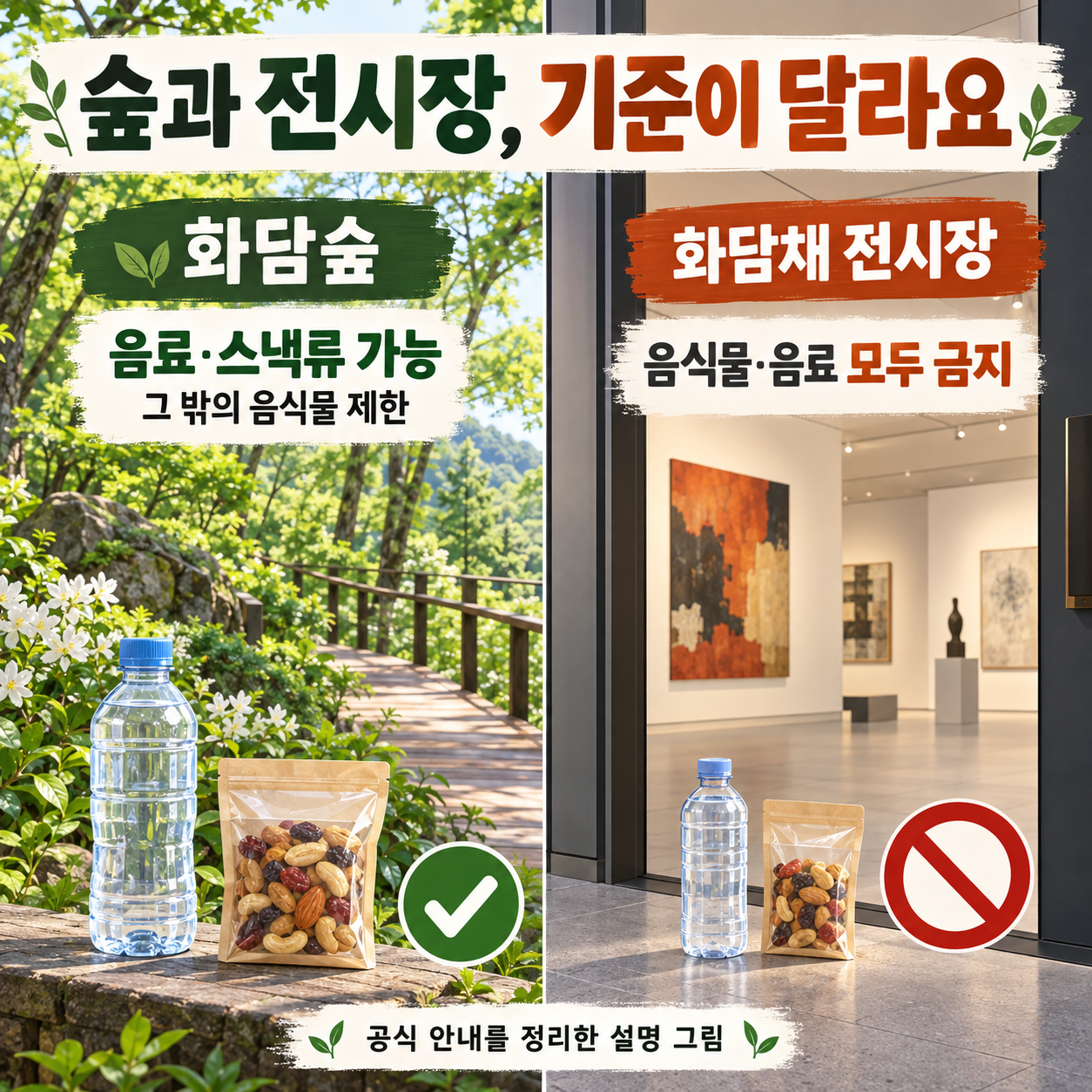 화담숲은 음료·스낵류가 가능하고 화담채 전시장은 음식물·음료 모두 금지임을 비교한 그림