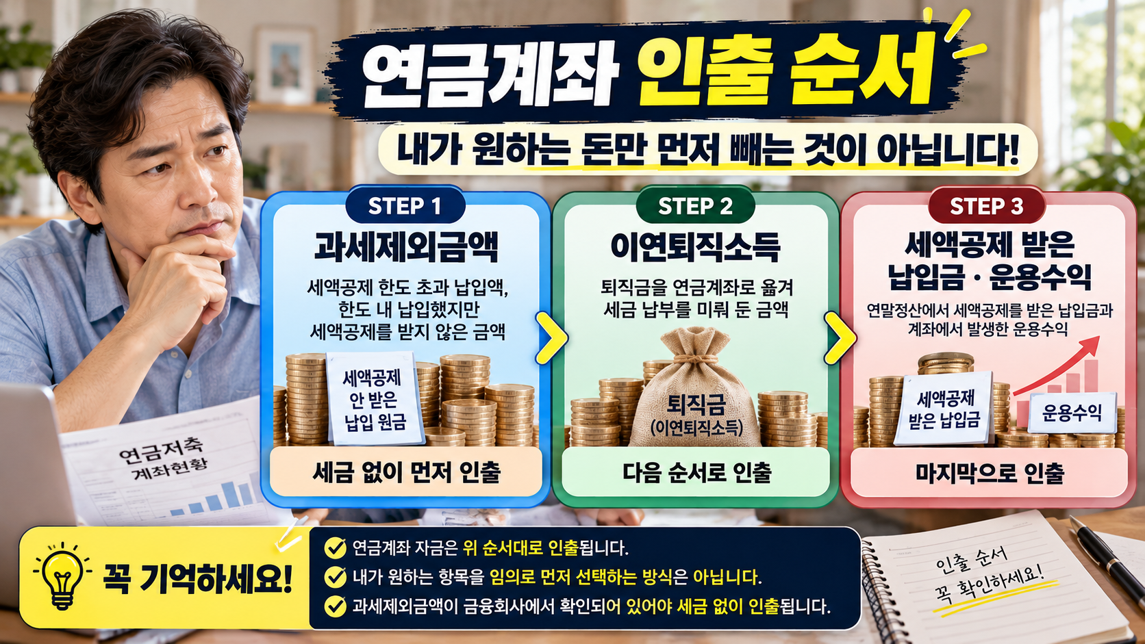 연금계좌에서 과세제외금액과 이연퇴직소득, 세액공제를 받은 납입금과 운용수익 순으로 인출되는 세법상 순서를 설명한 이미지