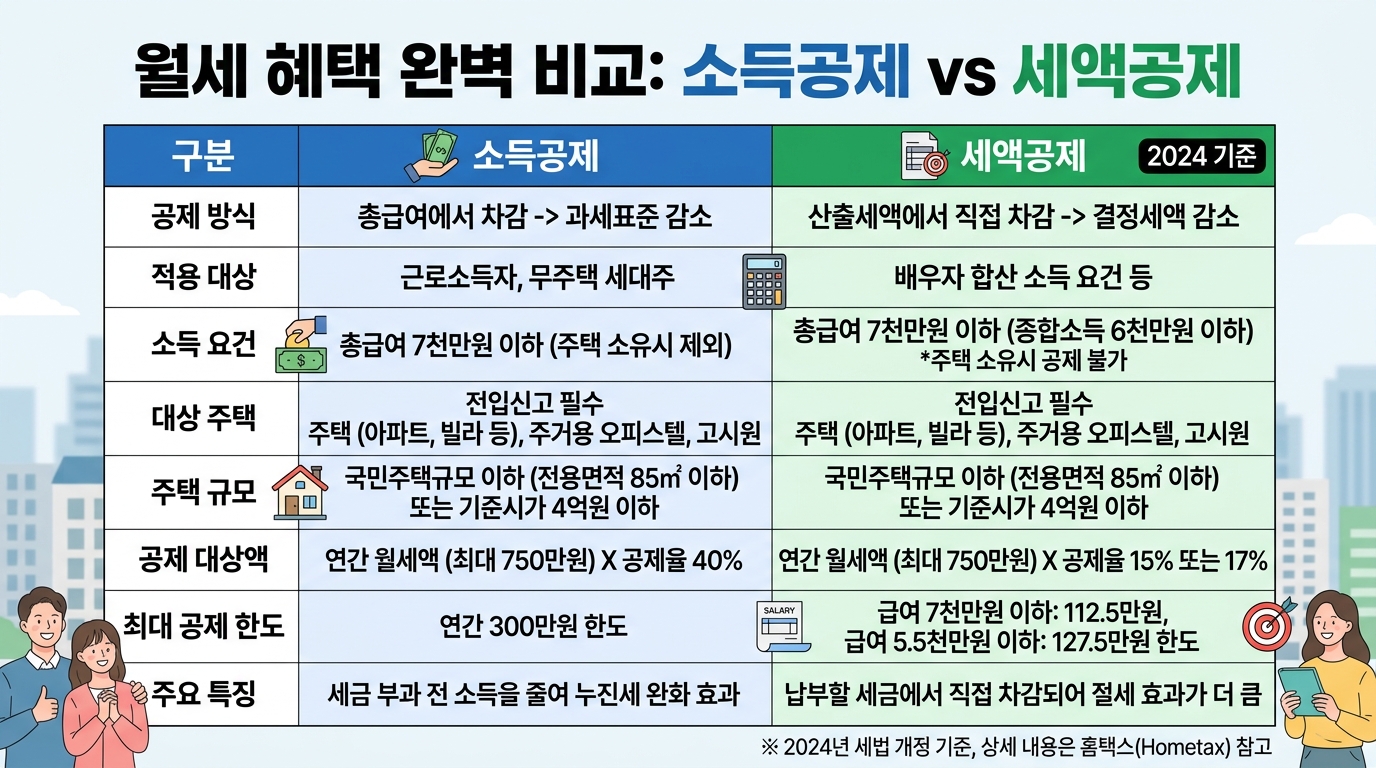 월세 소득공제와 세액공제의 차이점 및 적용 대상을 비교하는 표 이미지