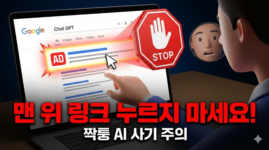 구글 검색 상단 광고 링크를 클릭하려는 순간 위험을 알리는 경고 이미지
