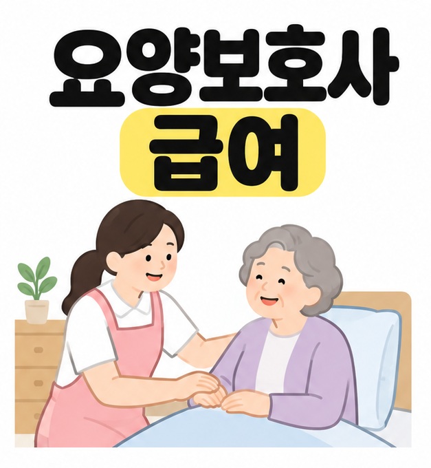 요양보호사 급여 제목 아래 요양보호사가 침대에 앉은 어르신의 손을 잡고 일상 활동을 돕는 삽화