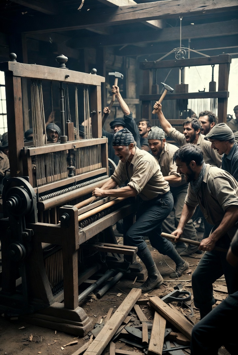 러다이트 운동 기계를 때려 부수는 장면