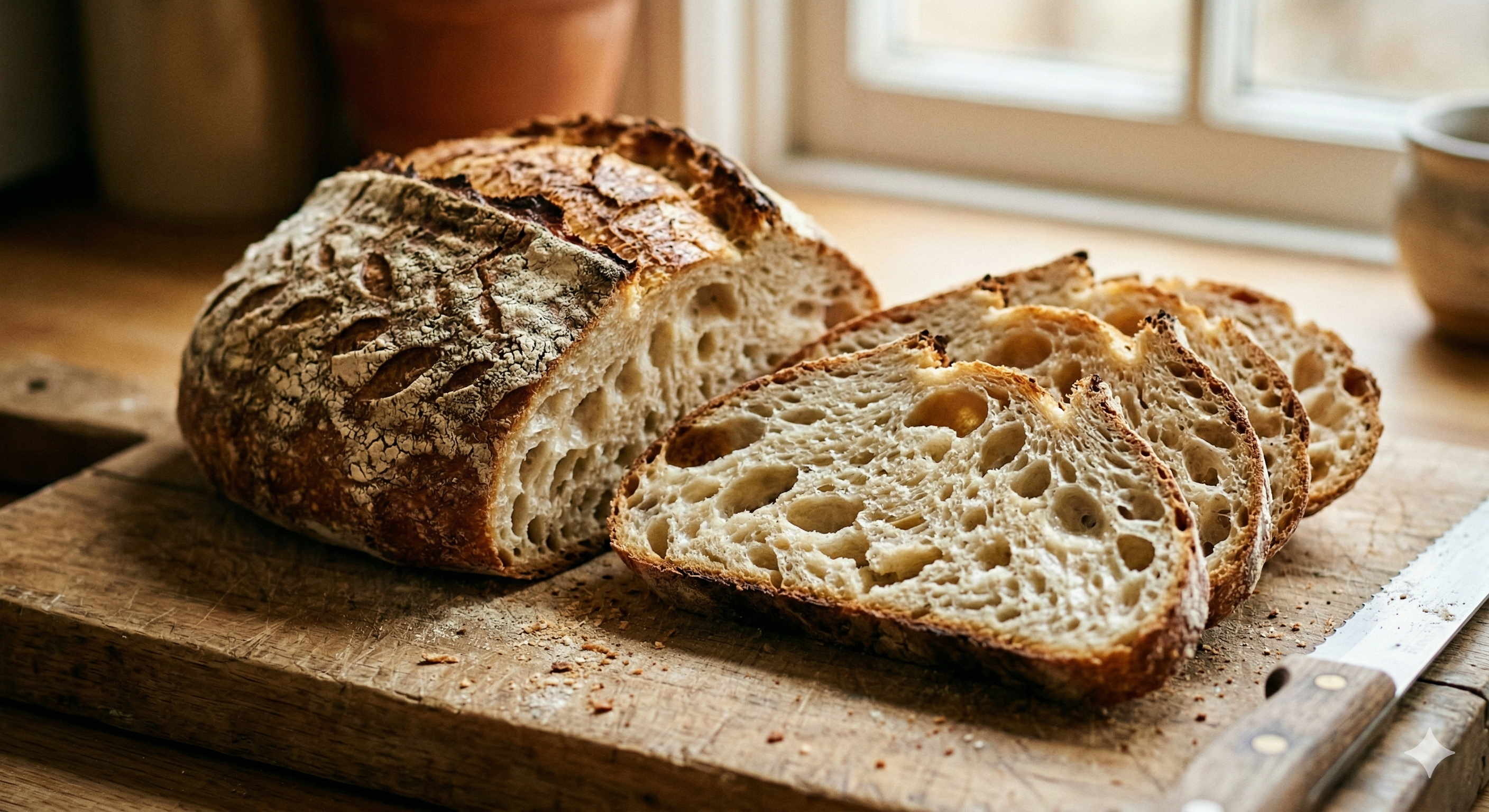나무 도마 위에 놓인 겉바속촉한 천연 발효 사워도우 빵과 단면 모습