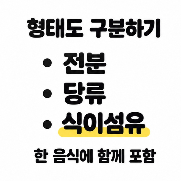 전분, 당류, 식이섬유 목록과 한 음식에 함께 포함될 수 있다는 문구가 있는 그림
