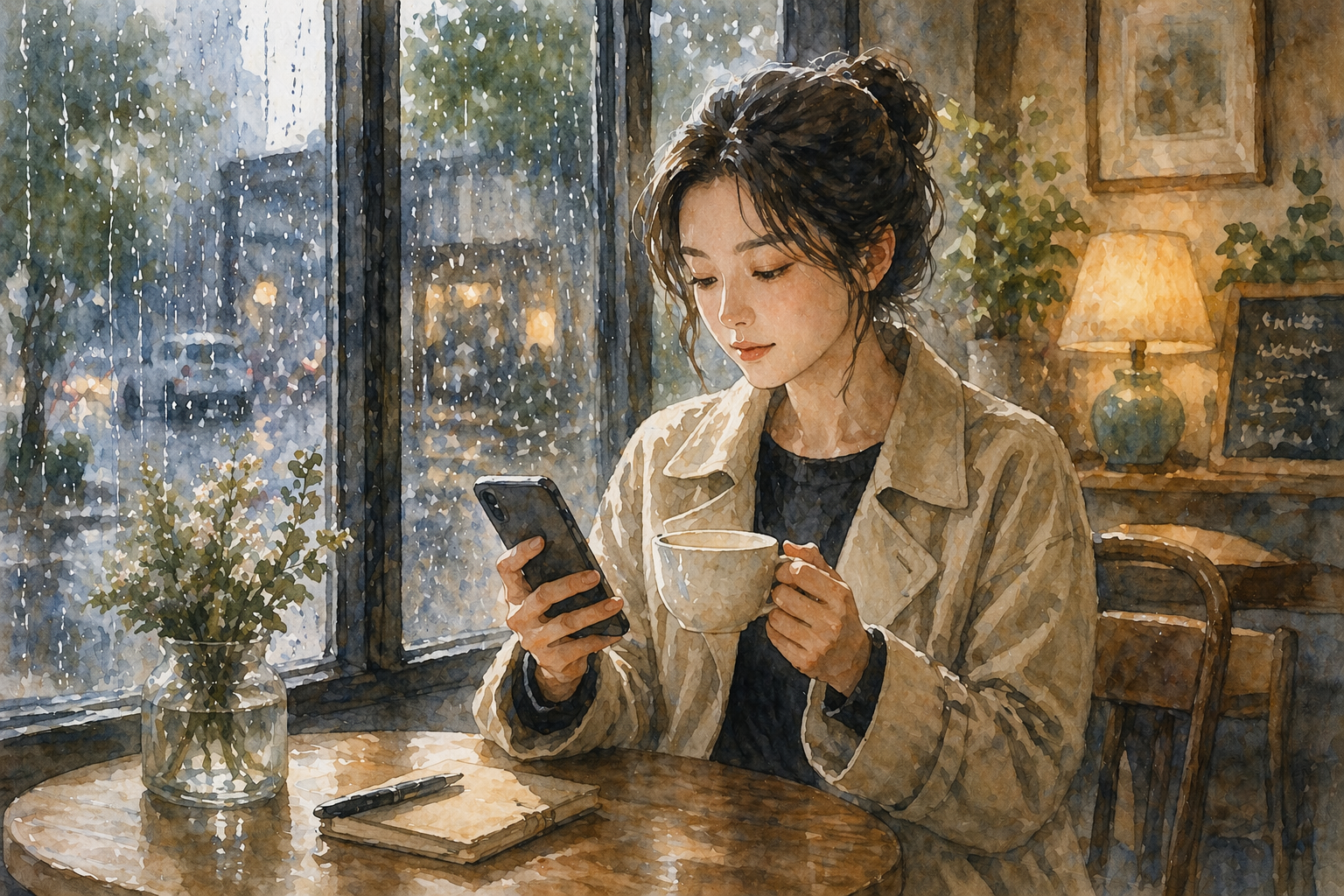 "비 내리는 오후, 카페 안에 앉아 있는 여성이 누군가의 연락이 온 휴대폰을 내려다보고 있다. 그녀의 표정은 단호하면서도 평온하며, 찻잔을 든 손은 흔들림이 없다. 타인의 무리한 요구에 대해 자신의 기준을 지키기로 결심한 자존감 높은 상태를 상징하는 수채화 일러스트."