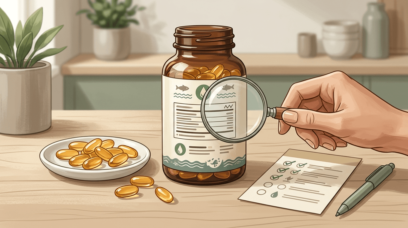 오메가3와 콜레스테롤 성분 라벨에서 반드시 확인할 체크포인트 일러스트