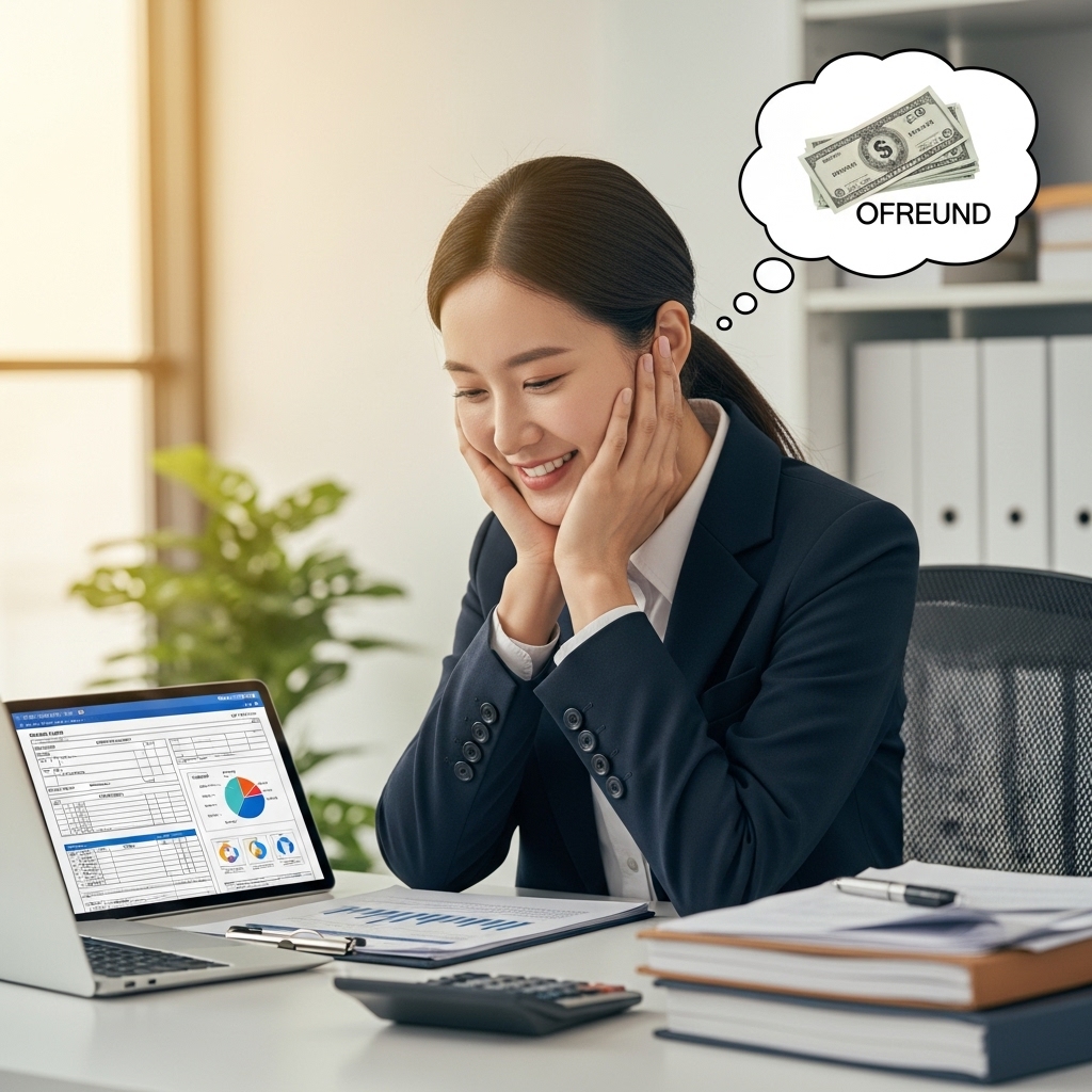 2025년 연말정산을 성공적으로 마쳐 환급받는 젊은 직장인