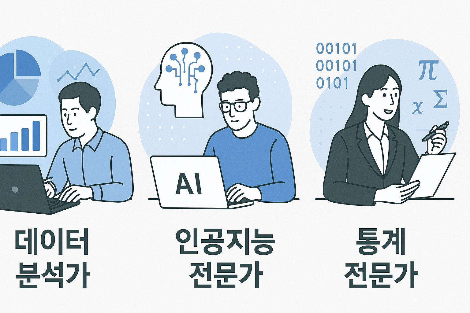 그래프를 분석하는 데이터 분석가 일러스트", "AI 알고리즘을 개발 중인 인공지능 전문가", "수학 공식과 데이터를 다루는 통계 전문가 이미지