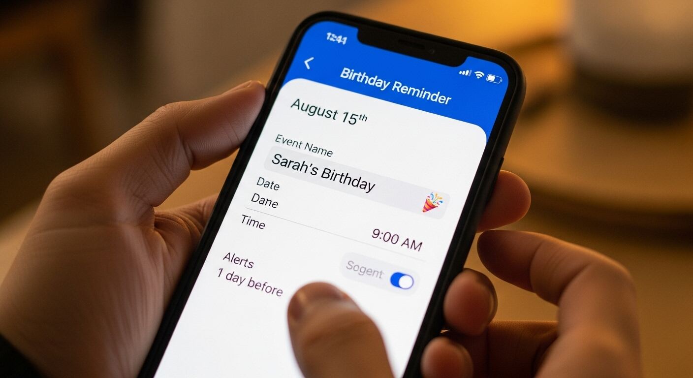 스마트폰에서 생일 알림을 설정하는 장면