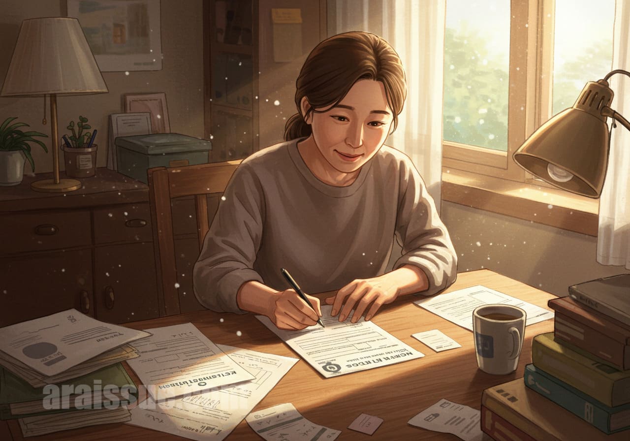 40대 초반 여성 모델이 집에서 보험 청구 서류를 작성하며 고민하는 모습입니다. 주변에는 진료비 명세서와 청구서류가 놓여 있습니다.