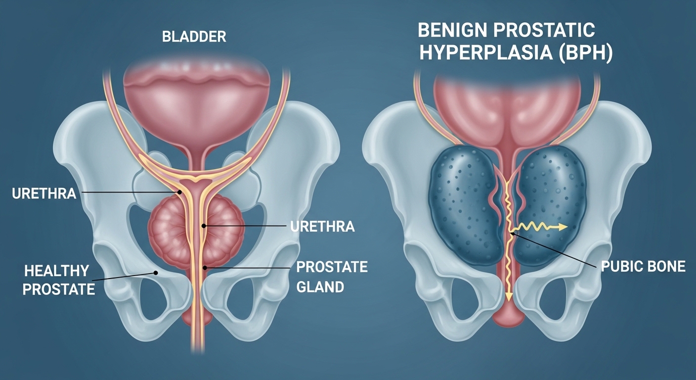 전립선 비대증이 요도에 미치는 영향을 보여주는 의학 다이어그램. 커진 전립선이 요도를 압박하여 소변 흐름을 방해하는 모습을 명확히 나타냅니다.