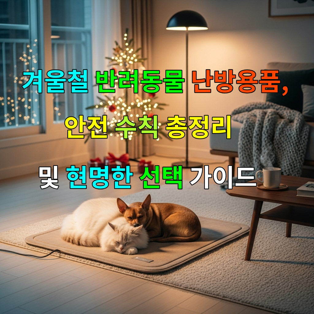 따뜻한 난방 매트 위에서 겨울을 즐기는 고양이와 강아지