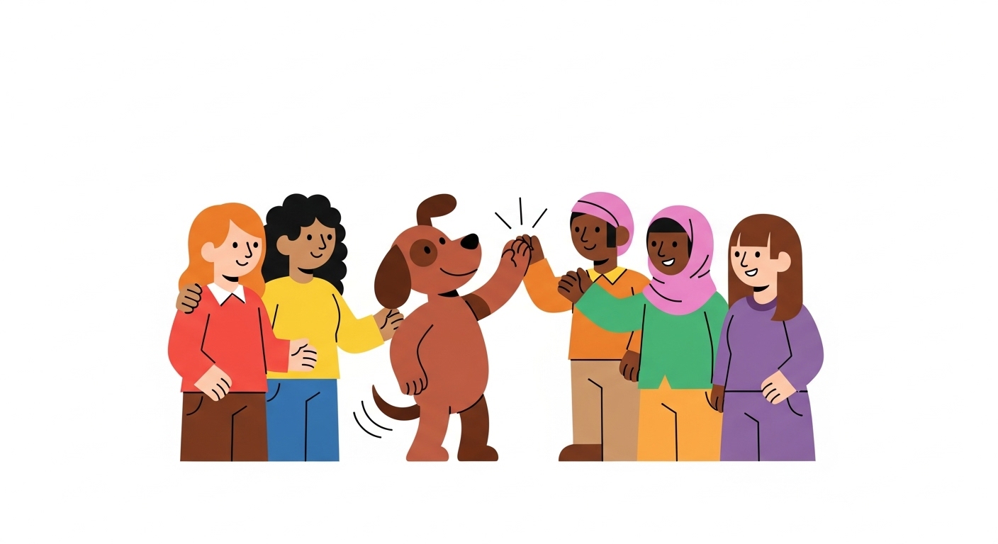 다양한 친구들과 하이파이브를 하며 화합과 팀워크를 즐기는 개 캐릭터 일러스트