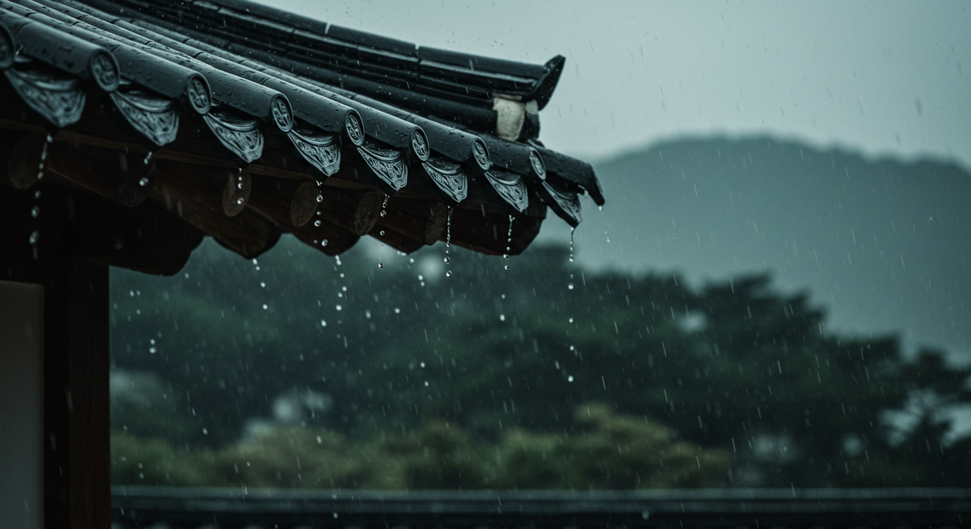 비 내리는 강원도 한옥 처마 아래 풍경.