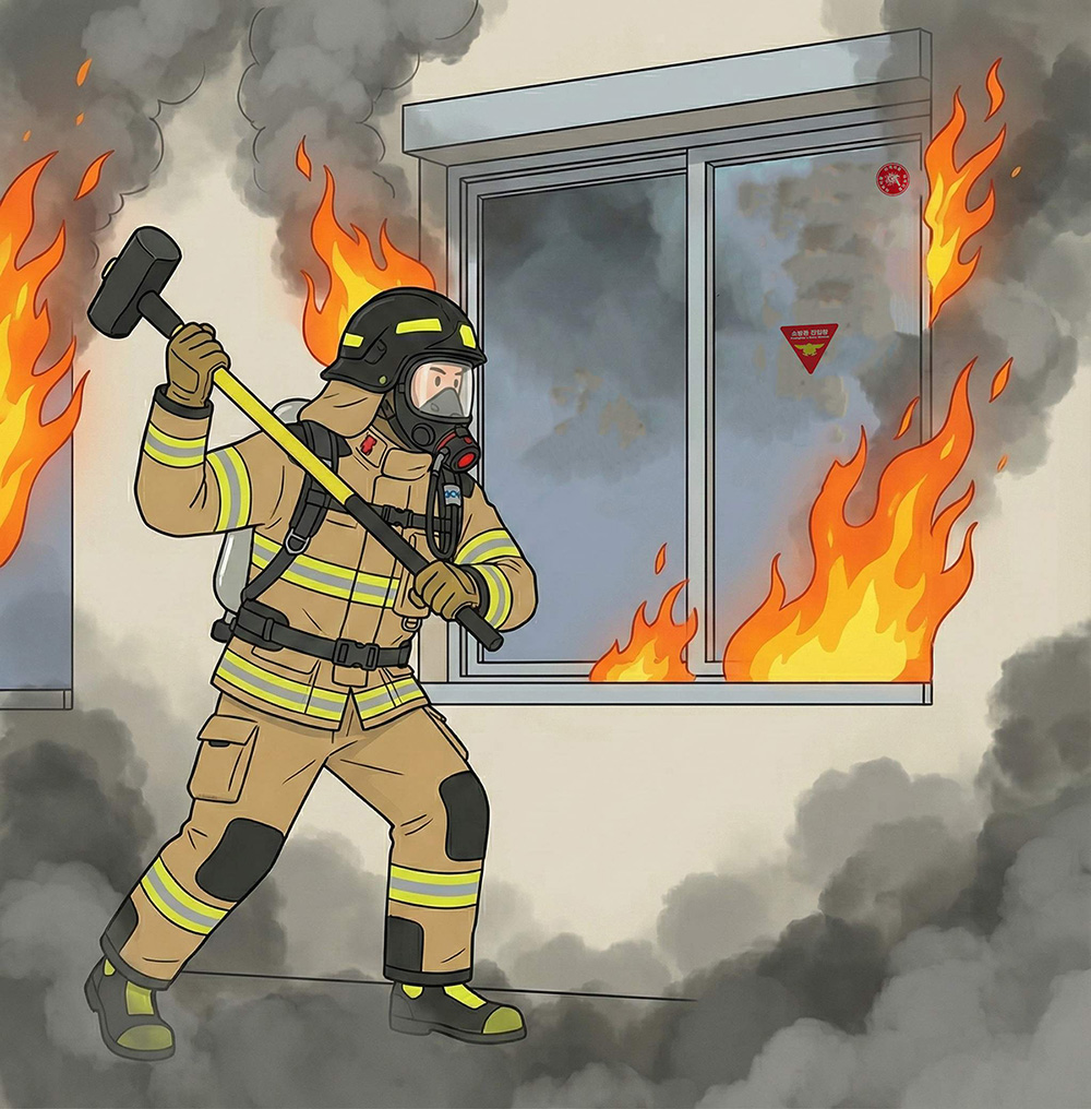 화재 현장에서 소방관이 비상망치를 이용해 소방관 진입창의 유리를 파괴하고 진입을 시도하는 긴박한 모습