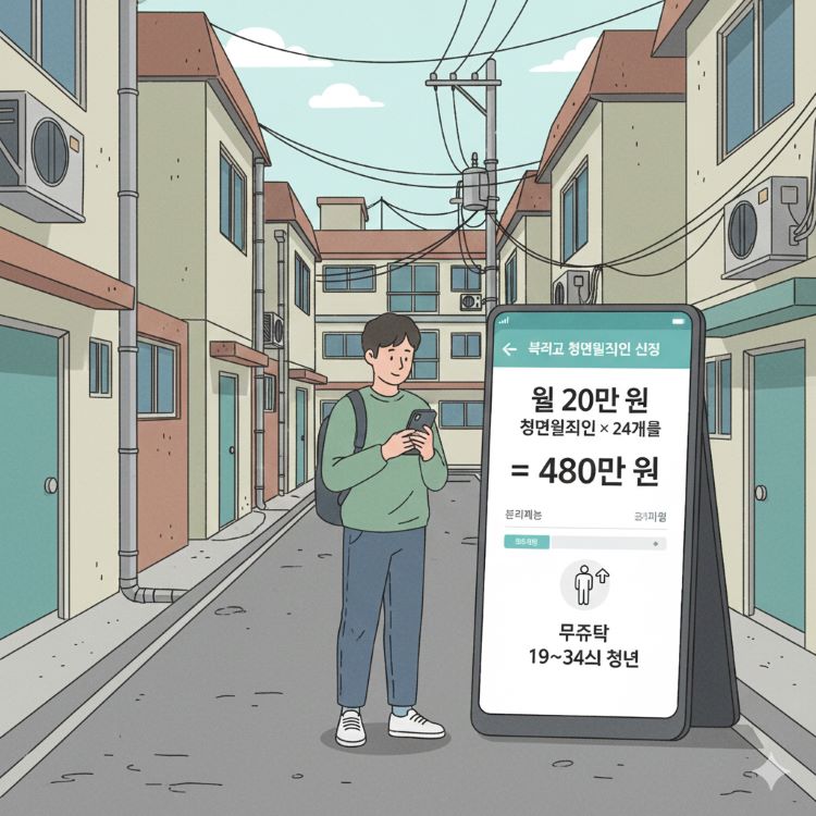 서울 원룸 골목을 배경으로, 한 청년이 휴대폰으로 복지로 청년월세지원 신청 화면을 보고 있는 장면. 옆에는 &lsquo;월 20만 원 &times; 24개월 = 480만 원&rsquo; 인포그래픽과 &lsquo;무주택 19~34세 청년&rsquo; 아이콘이 함께 있는 2D 플랫 일러스트