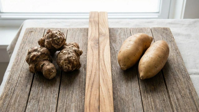 돼지감자와 야콘의 뿌리 형태 및 이눌린 함량 차이를 시각적으로 비교하는 메인 이미지